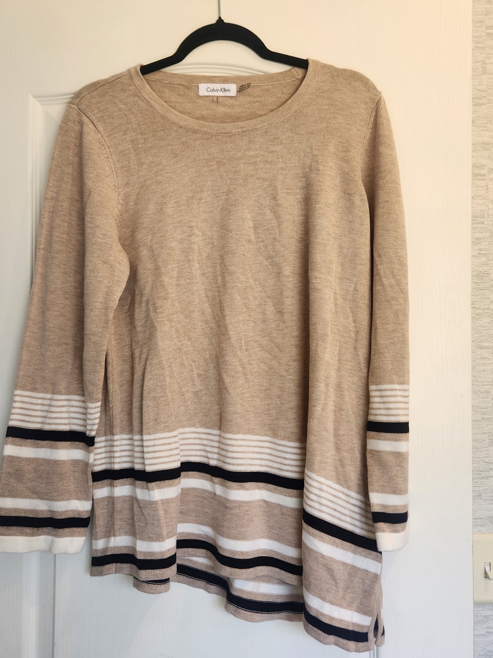 Calvin Klein Beige Striped Crewneck Sweater L Euc